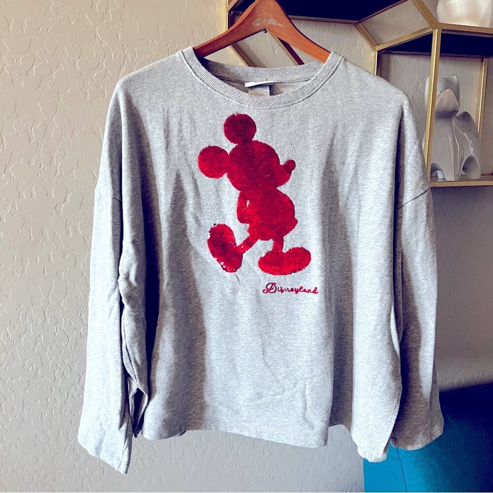 Disney Parks flip sequin Mickey Mouse boxy cropped pullover sweatshirt top Large